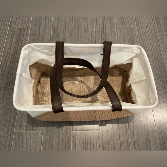 White and Tan Canvas Gift Tote with faux Brown Leather Handles - Picture 2 of 7
